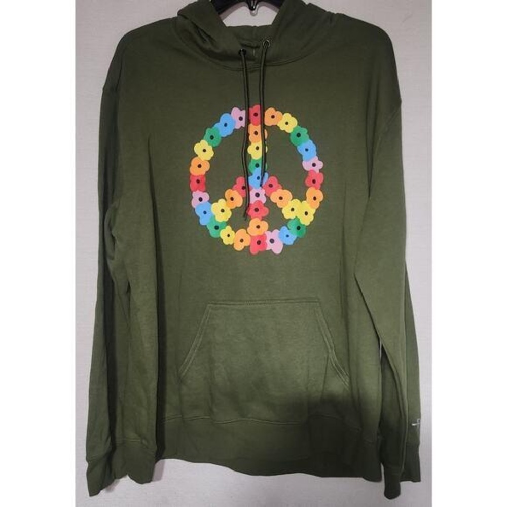 The Phluid Project Mens Floral Peace Sign Graphic Pullover Hoodie Olive Green L